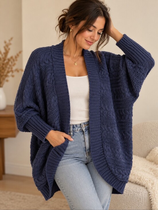Menglu Sweaters - Dark blue Open Front Cable Knit Batwing Sleeve Acrylic Oversized Chunky Cardigan